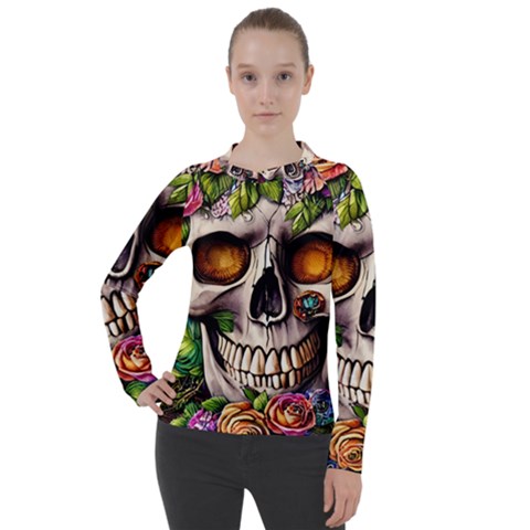 Gothic Skull With Flowers - Cute And Creepy Women s Pique Long Sleeve Tee by GardenOfOphir