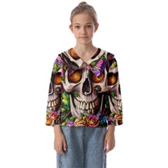 Gothic Skull With Flowers - Cute And Creepy Kids  Sailor Shirt by GardenOfOphir