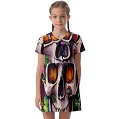 Gothic Skull With Flowers - Cute And Creepy Kids  Asymmetric Collar Dress by GardenOfOphir