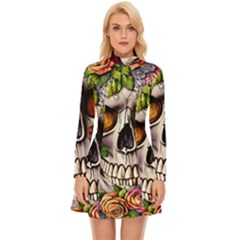 Gothic Skull With Flowers - Cute And Creepy Long Sleeve Velour Longline Dress by GardenOfOphir