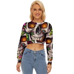 Gothic Skull With Flowers - Cute And Creepy Lightweight Long Sleeve Sweatshirt by GardenOfOphir