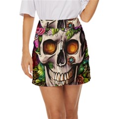 Gothic Skull With Flowers - Cute And Creepy Mini Front Wrap Skirt by GardenOfOphir