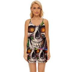 Gothic Skull With Flowers - Cute And Creepy V-neck Satin Pajamas Set