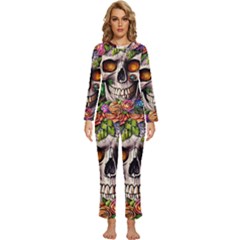 Gothic Skull With Flowers - Cute And Creepy Womens  Long Sleeve Lightweight Pajamas Set by GardenOfOphir