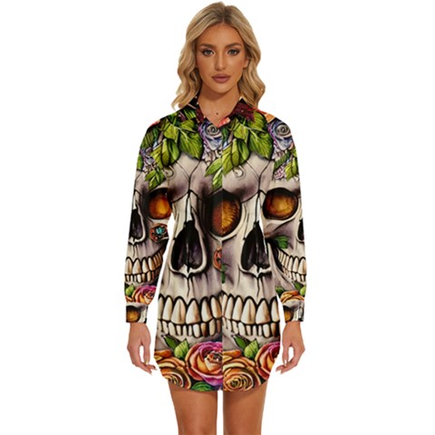 Gothic Skull With Flowers - Cute And Creepy Womens Long Sleeve Shirt Dress by GardenOfOphir