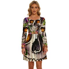 Gothic Skull With Flowers - Cute And Creepy Long Sleeve Wide Neck Velvet Dress by GardenOfOphir