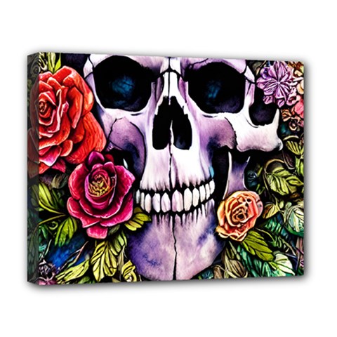 Sugar Skull With Flowers - Day Of The Dead Deluxe Canvas 20  X 16  (stretched) by GardenOfOphir