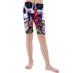 Sugar Skull With Flowers - Day Of The Dead Kids  Mid Length Swim Shorts by GardenOfOphir