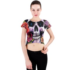 Sugar Skull With Flowers - Day Of The Dead Crew Neck Crop Top by GardenOfOphir