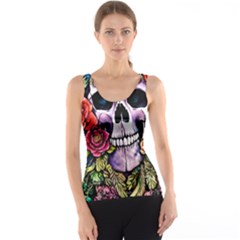 Sugar Skull With Flowers - Day Of The Dead Tank Top by GardenOfOphir