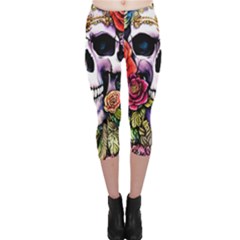 Sugar Skull With Flowers - Day Of The Dead Capri Leggings  by GardenOfOphir