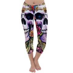 Sugar Skull With Flowers - Day Of The Dead Capri Winter Leggings  by GardenOfOphir