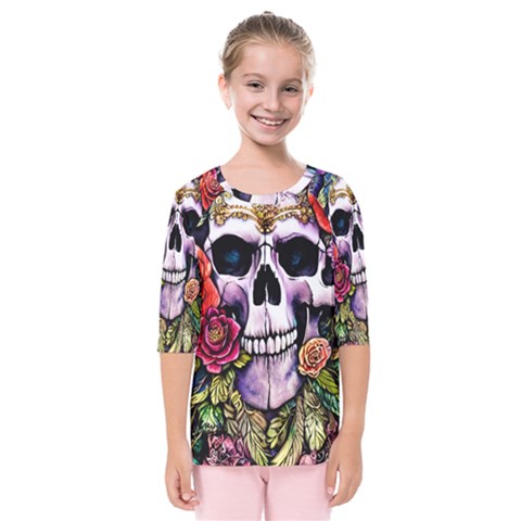 Sugar Skull With Flowers - Day Of The Dead Kids  Quarter Sleeve Raglan Tee by GardenOfOphir