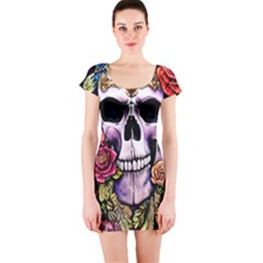 Sugar Skull With Flowers - Day Of The Dead Short Sleeve Bodycon Dress by GardenOfOphir