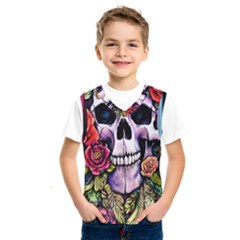 Sugar Skull With Flowers - Day Of The Dead Kids  Basketball Tank Top by GardenOfOphir