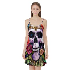 Sugar Skull With Flowers - Day Of The Dead Satin Night Slip by GardenOfOphir