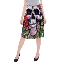 Sugar Skull With Flowers - Day Of The Dead Midi Beach Skirt by GardenOfOphir