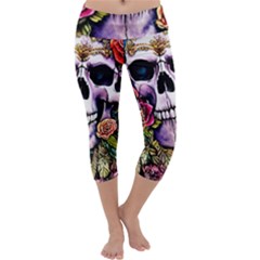 Sugar Skull With Flowers - Day Of The Dead Capri Yoga Leggings by GardenOfOphir