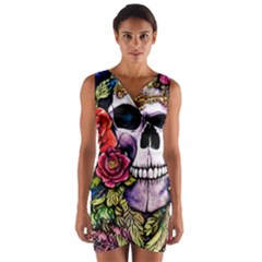 Sugar Skull With Flowers - Day Of The Dead Wrap Front Bodycon Dress by GardenOfOphir