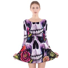 Sugar Skull With Flowers - Day Of The Dead Long Sleeve Velvet Skater Dress by GardenOfOphir