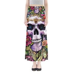 Sugar Skull With Flowers - Day Of The Dead Full Length Maxi Skirt by GardenOfOphir