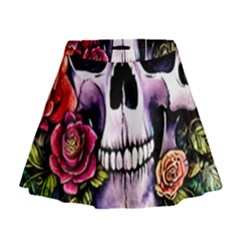 Sugar Skull With Flowers - Day Of The Dead Mini Flare Skirt by GardenOfOphir