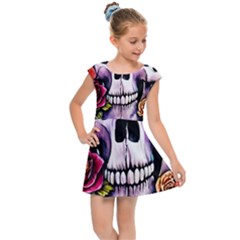 Sugar Skull With Flowers - Day Of The Dead Kids  Cap Sleeve Dress by GardenOfOphir