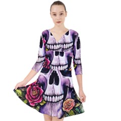 Sugar Skull With Flowers - Day Of The Dead Quarter Sleeve Front Wrap Dress by GardenOfOphir