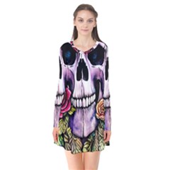 Sugar Skull With Flowers - Day Of The Dead Long Sleeve V-neck Flare Dress by GardenOfOphir