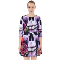 Sugar Skull With Flowers - Day Of The Dead Smock Dress by GardenOfOphir