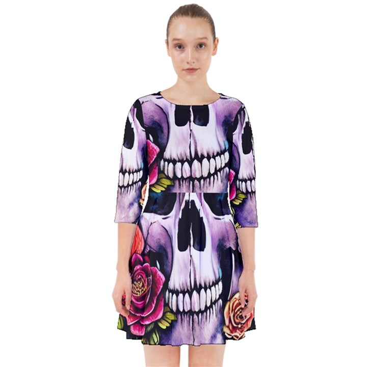 Sugar Skull With Flowers - Day Of The Dead Smock Dress