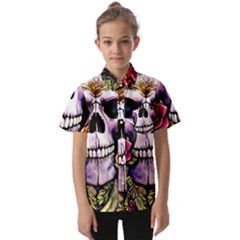 Sugar Skull With Flowers - Day Of The Dead Kids  Short Sleeve Shirt by GardenOfOphir