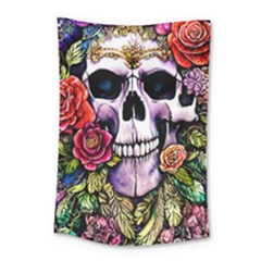 Sugar Skull With Flowers - Day Of The Dead Small Tapestry