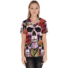 Sugar Skull With Flowers - Day Of The Dead Women s V-neck Scrub Top by GardenOfOphir