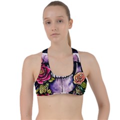 Sugar Skull With Flowers - Day Of The Dead Criss Cross Racerback Sports Bra by GardenOfOphir