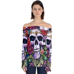 Sugar Skull With Flowers - Day Of The Dead Off Shoulder Long Sleeve Top by GardenOfOphir