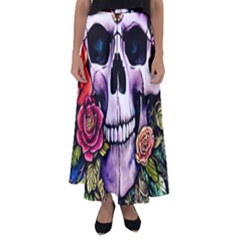 Sugar Skull With Flowers - Day Of The Dead Flared Maxi Skirt by GardenOfOphir