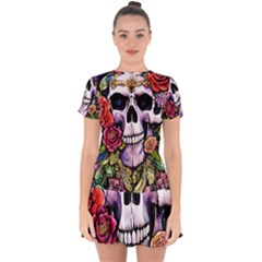 Sugar Skull With Flowers - Day Of The Dead Drop Hem Mini Chiffon Dress by GardenOfOphir