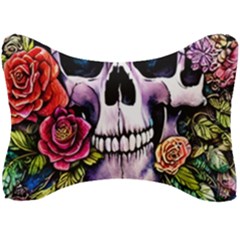 Sugar Skull With Flowers - Day Of The Dead Seat Head Rest Cushion by GardenOfOphir