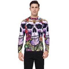 Sugar Skull With Flowers - Day Of The Dead Men s Long Sleeve Rash Guard by GardenOfOphir