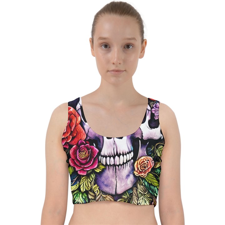 Sugar Skull With Flowers - Day Of The Dead Velvet Racer Back Crop Top