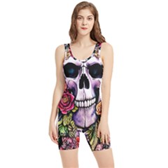 Sugar Skull With Flowers - Day Of The Dead Women s Wrestling Singlet by GardenOfOphir