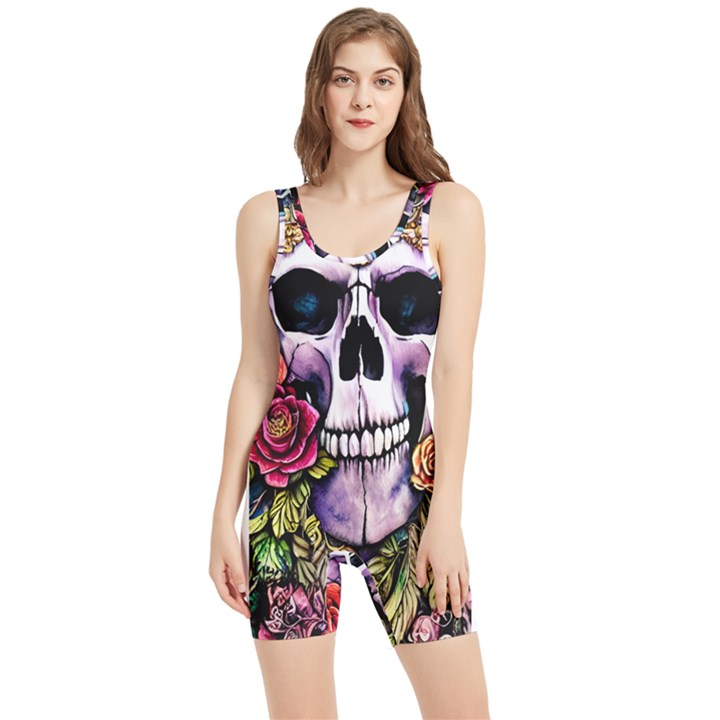 Sugar Skull With Flowers - Day Of The Dead Women s Wrestling Singlet