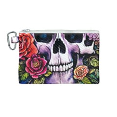 Sugar Skull With Flowers - Day Of The Dead Canvas Cosmetic Bag (medium) by GardenOfOphir