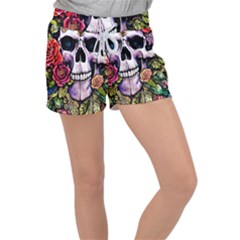 Sugar Skull With Flowers - Day Of The Dead Women s Velour Lounge Shorts by GardenOfOphir