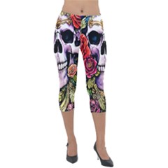 Sugar Skull With Flowers - Day Of The Dead Lightweight Velour Capri Leggings  by GardenOfOphir