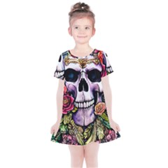 Sugar Skull With Flowers - Day Of The Dead Kids  Simple Cotton Dress by GardenOfOphir