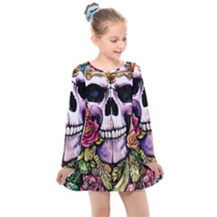 Sugar Skull With Flowers - Day Of The Dead Kids  Long Sleeve Dress by GardenOfOphir