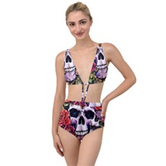 Sugar Skull With Flowers - Day Of The Dead Tied Up Two Piece Swimsuit by GardenOfOphir