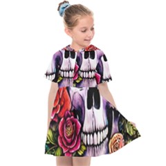 Sugar Skull With Flowers - Day Of The Dead Kids  Sailor Dress by GardenOfOphir